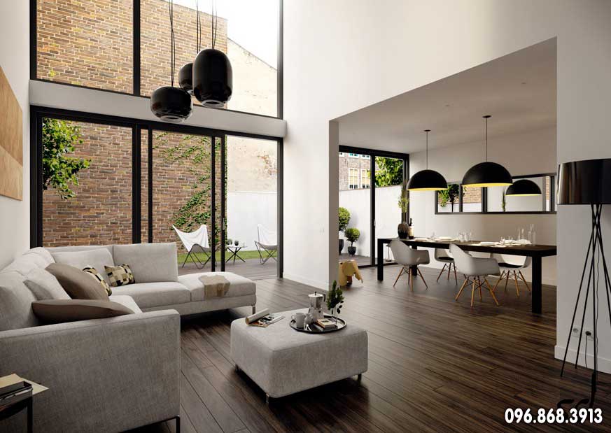 Mẫu thiết kế nội thất phòng khách biệt thự đẹp với gam màu sáng, view nhìn sân vườn