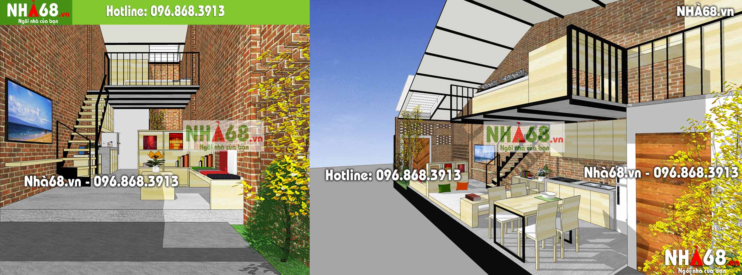 Thiết kế nhà phố 1.5 tầng với gạch trần ấn tượng