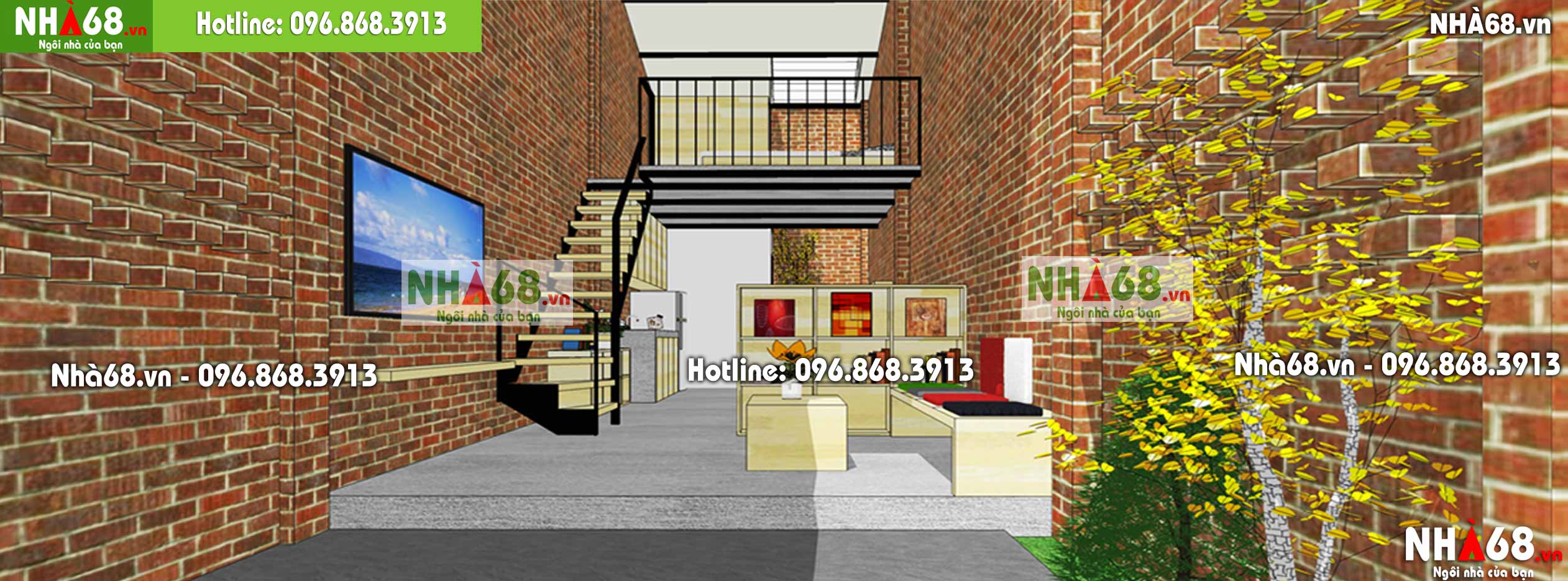 Thiết kế nhà phố 1.5 tầng với gạch trần ấn tượng
